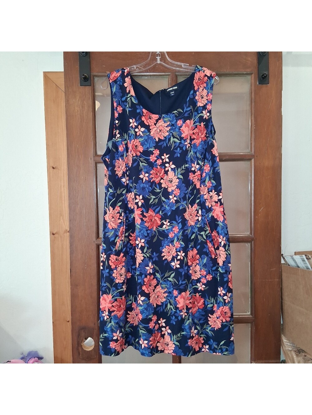 Lands End 24W Dress Navy Blue Pink Floral Sleeveless Sheath Pockets Womens Plus